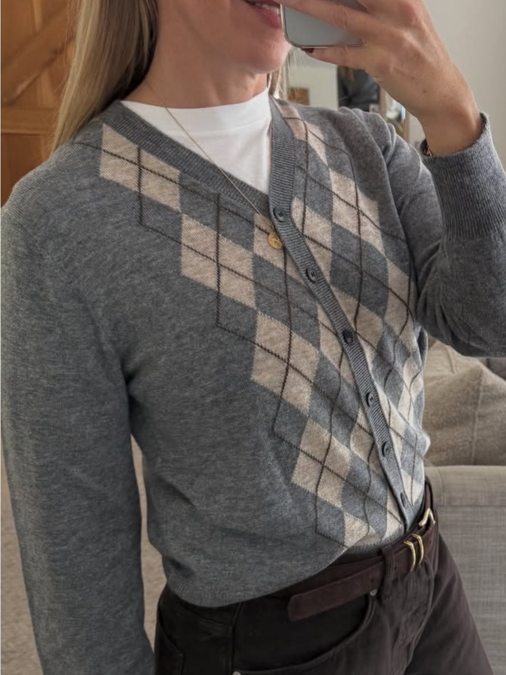 Zara Gray and Cream Argyle V-Neck Button-Up Cardigan